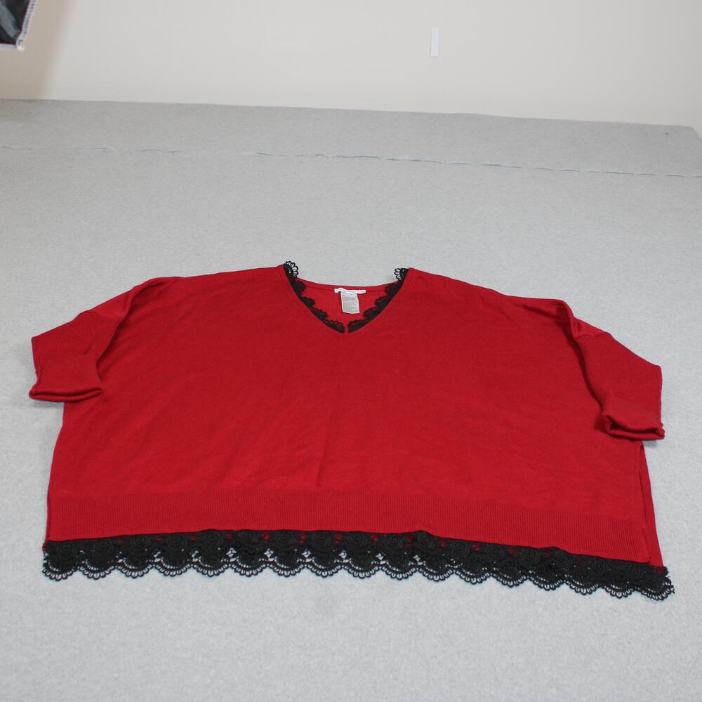 Chico's Sweater Poncho Women XL Red V Neck Lace Hem Dolman 3/4 Sleeve Lagenlook